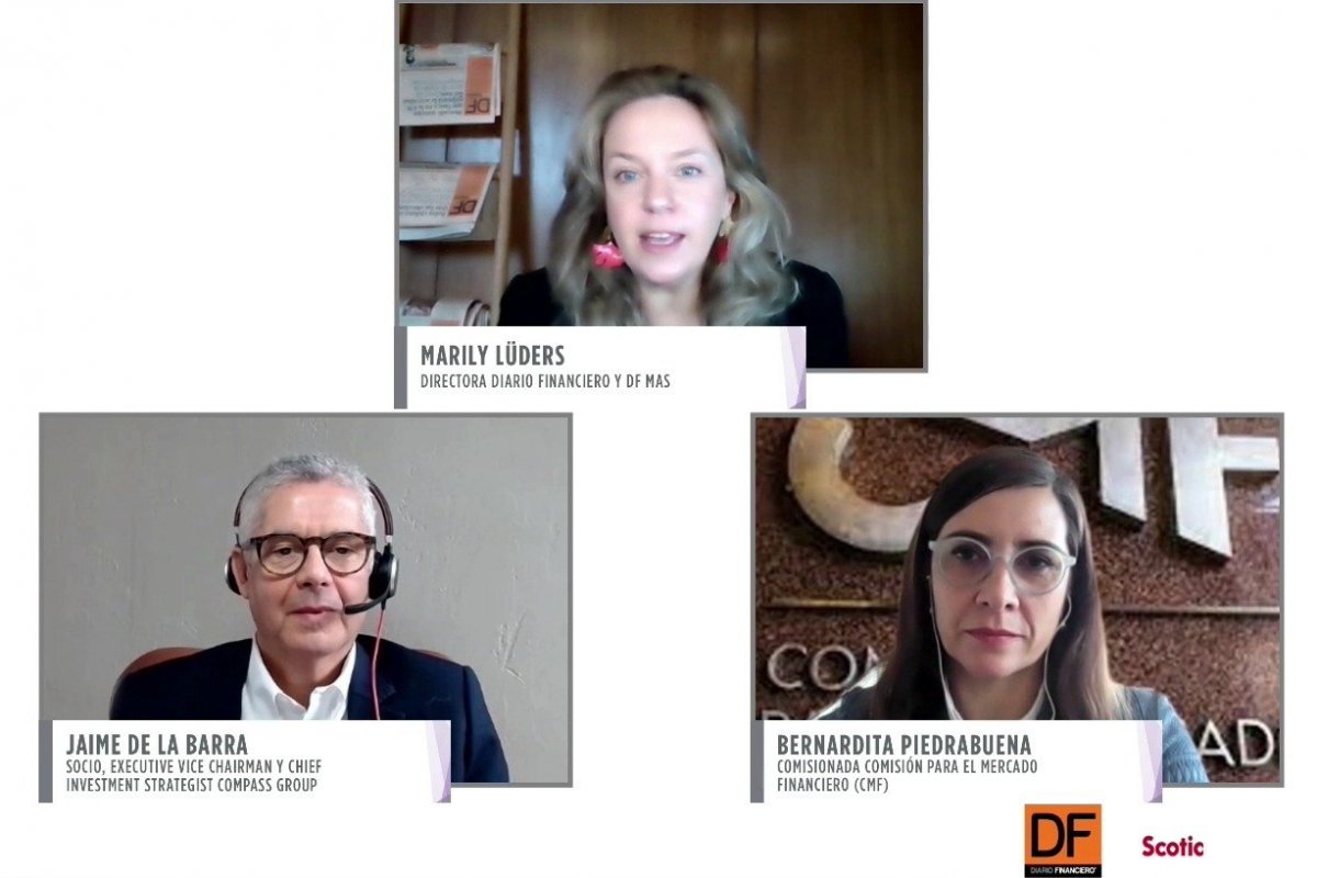 <p>La comisionada de la CMF, Bernardita Piedrabuena, participó en un webinar organizado por DF. En la foto, también Marily Lüders, directora del DF, y Jaime de la Barra, socio de Compass Group.</p>