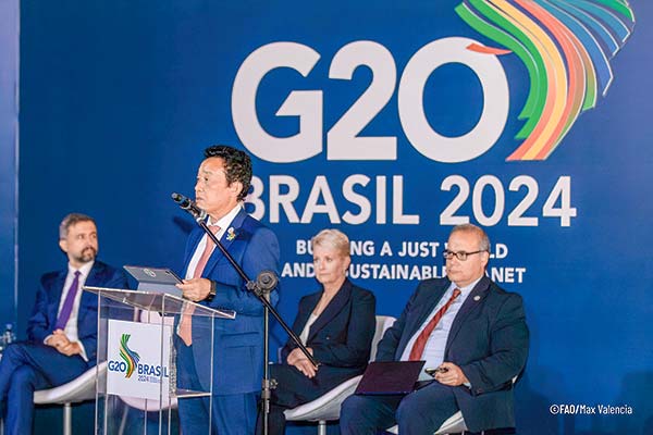 El director general de la FAO, Qu Dongyu, en la presentación del informe EEl estado de la seguridad alimentaria y la nutrición en el mundo, en un evento especial del G20, en Rio de Janeiro.