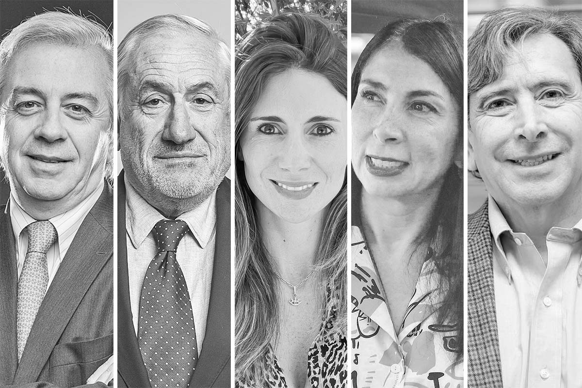 <p>Juan Benavides, expresidente de Codelco y de AFP Habitat. Pablo Piñera, economista y exconsejero del Banco Central. María Alejandra Maluk, directora de Enjoy. Karla Rubilar, exministra y exdiputada. Laurence Golborne, exministro y exCEO de Cencosud. Fotos: Aton y Archivo</p>